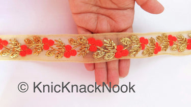 Beige Net Lace Trim With Beautiful Red / Beige And Gold Floral Embroidery, Embroidered Lace, Approx. 30mm wide